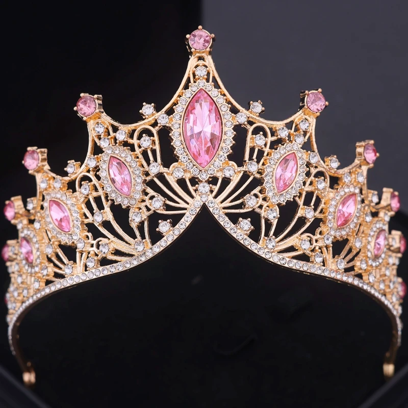 فاخر الوردي كريستال تاج تيارا للنساء حفلة الإكليل التيجان والتيجان الزفاف حفل زفاف إكسسوارات الشعر مجوهرات خوذة