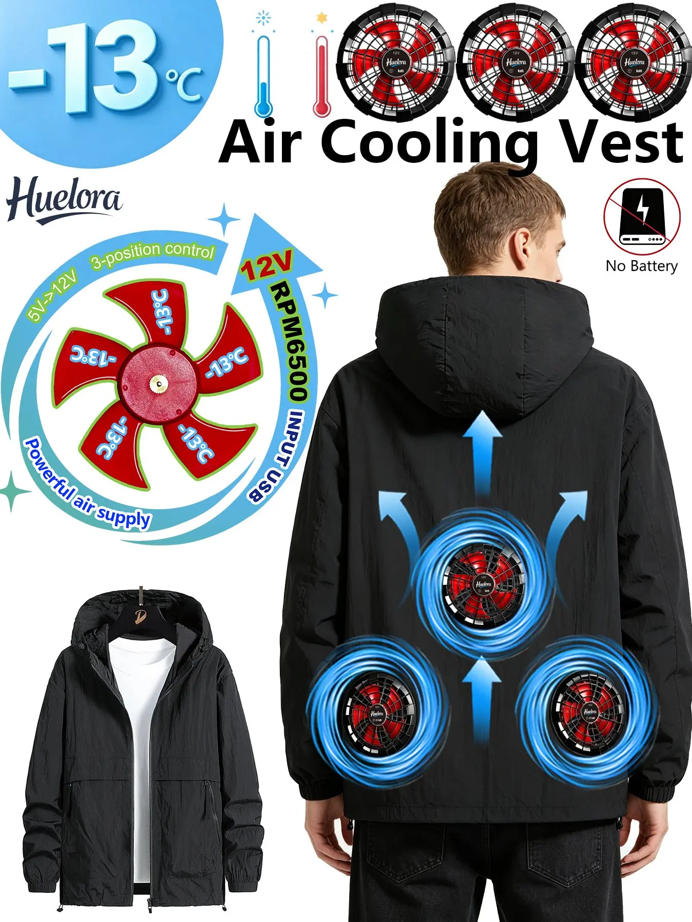 Men Hooded Long Sleeve Air Cooling Jacket with 3 Built-in USB Fans，for Outdoor Fishing Construction Gardening Work