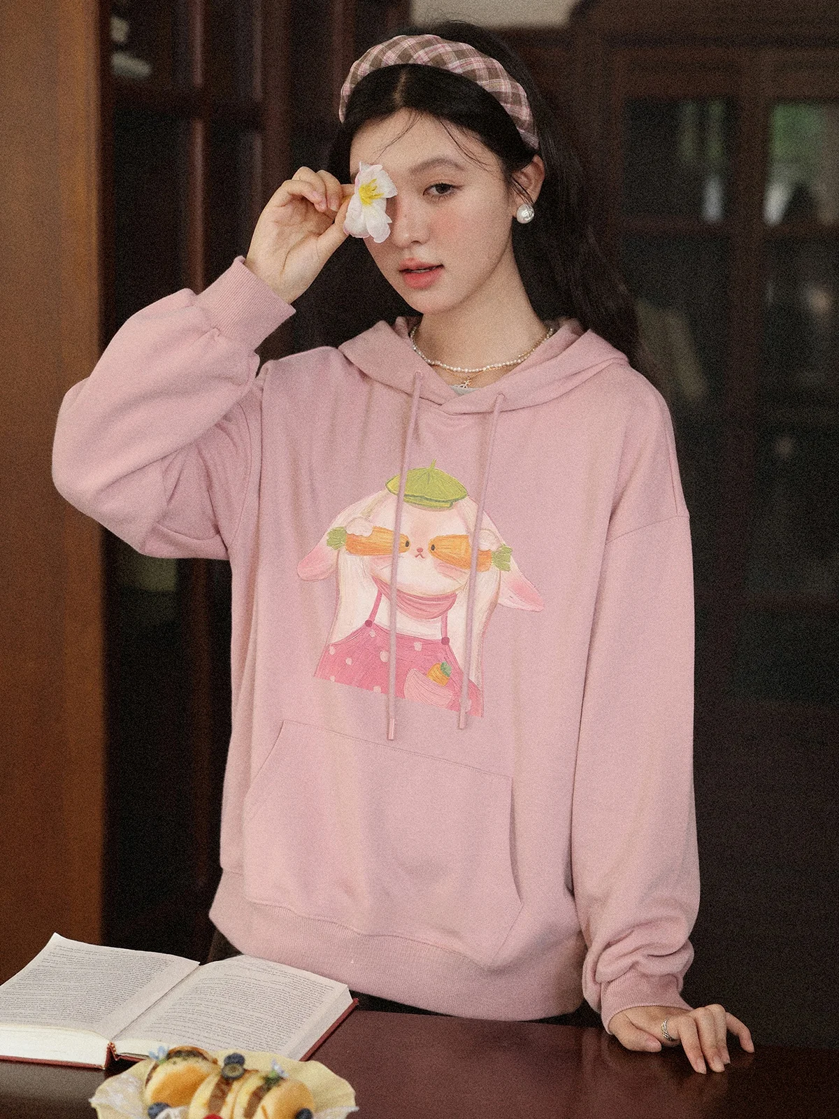 Felpa con cappuccio lunga Sve rosa Cartoon Felpa ampia da donna Autunno New Sle Comodo streetwear