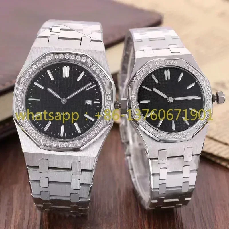 Luxuriöse neue Herren- und Damenuhr, Quarz, Saphir, Silber, Schwarz, Weiß, Diamanten