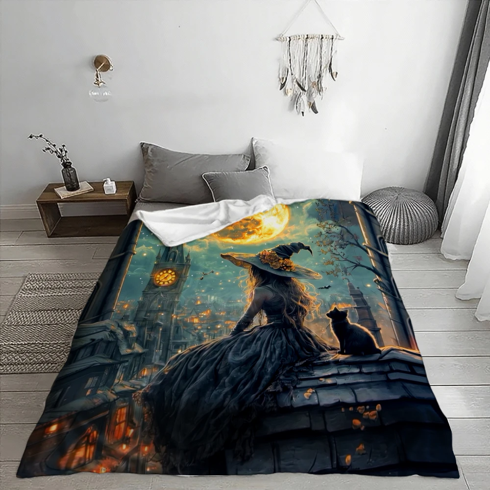 Witch And Black Cat Moonlight, Halloween Gift, Soft Fleece Blanket, Gothic Fantasy Art Design, Multi-Purpose Home Decor, Cozy Wa
