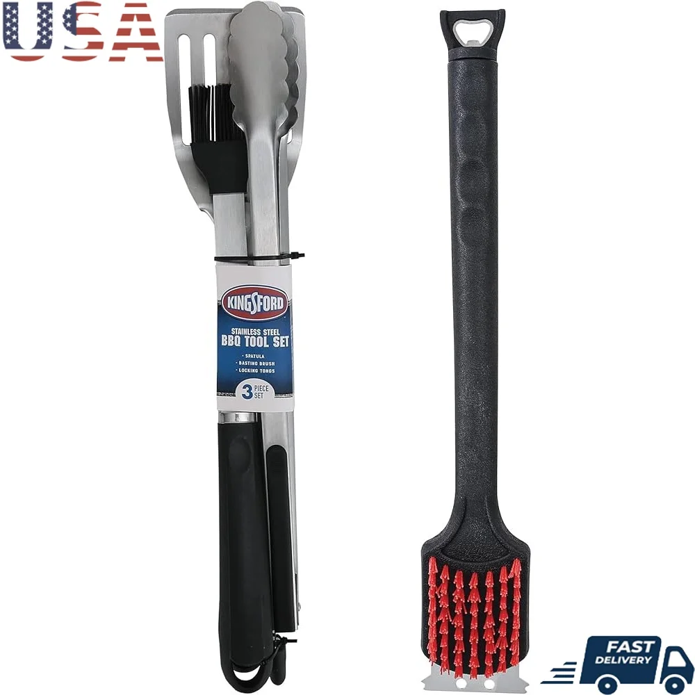 

BBQ Tool Set with Grill Cleaning Brush Bundle Stainless Steel Spatula Tongs Basting Brush Non-Slip Rubber Grips Heavy Duty