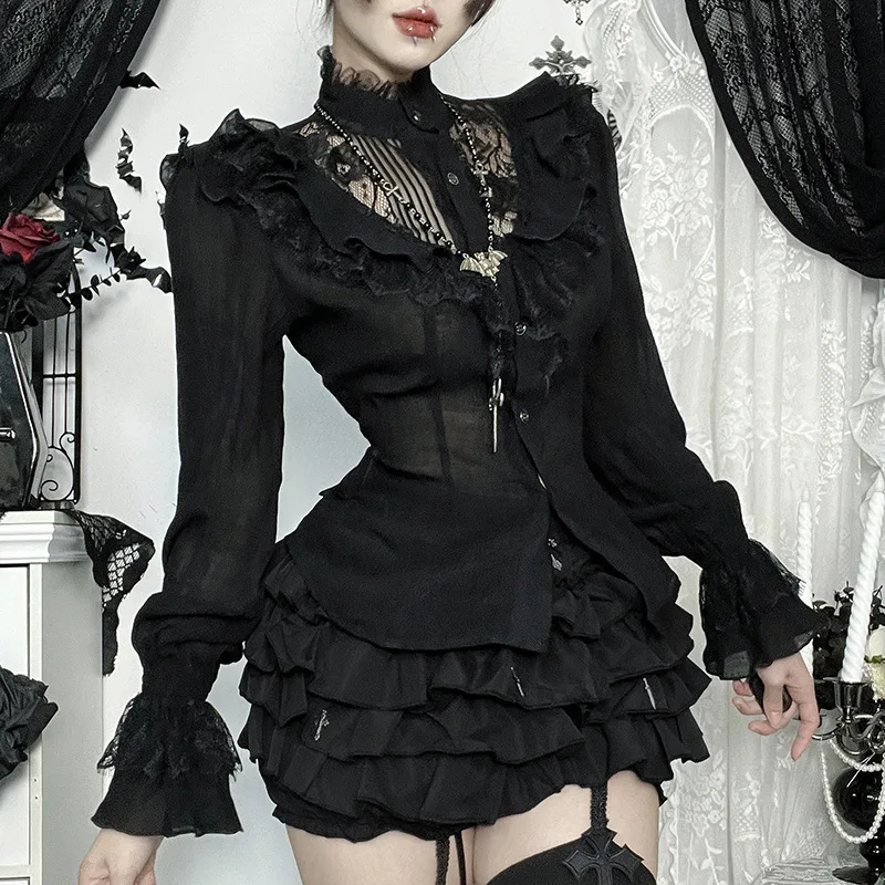 Camicette monopetto con patchwork cavo in pizzo gotico scuro Camicette da donna Abiti di moda Mall Goth Camicie con maniche svasate Top Halloween