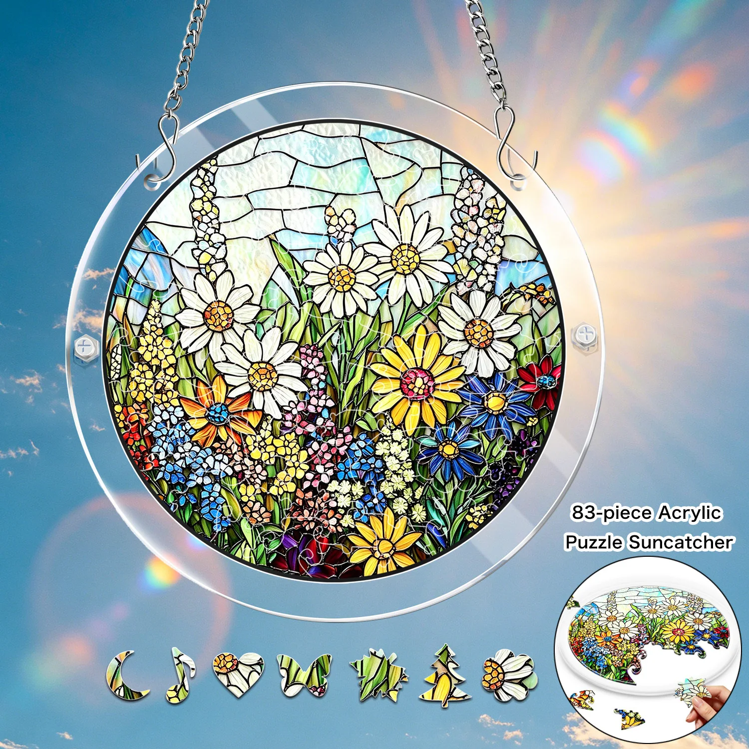 

7.4in Colorful acrylic puzzle garden suncatchers window hanging panel, 83 piece puzzle Stained sunlight catcher, Home Ornament