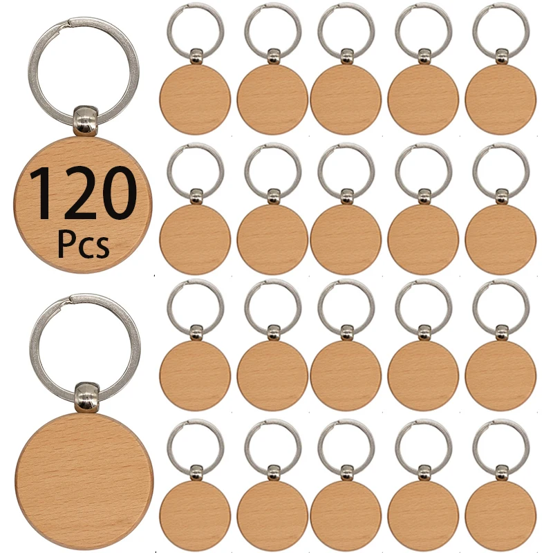 120Pcs Round Wooden Keychain Blank Wood Pendant Key Chain Key Ring