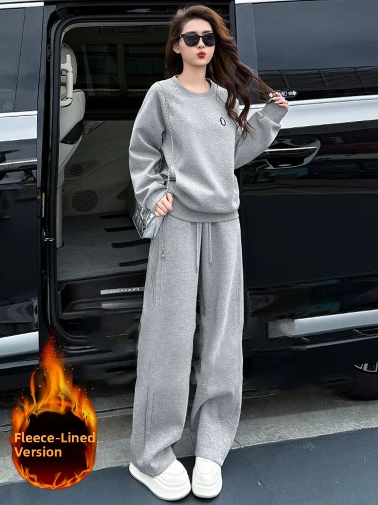 

Korean Style Women's Winter Thickened Fleece Hoodie And Wide Leg Pants Grey Casual Two Piece Set Comfortable Loose Fit Sports...