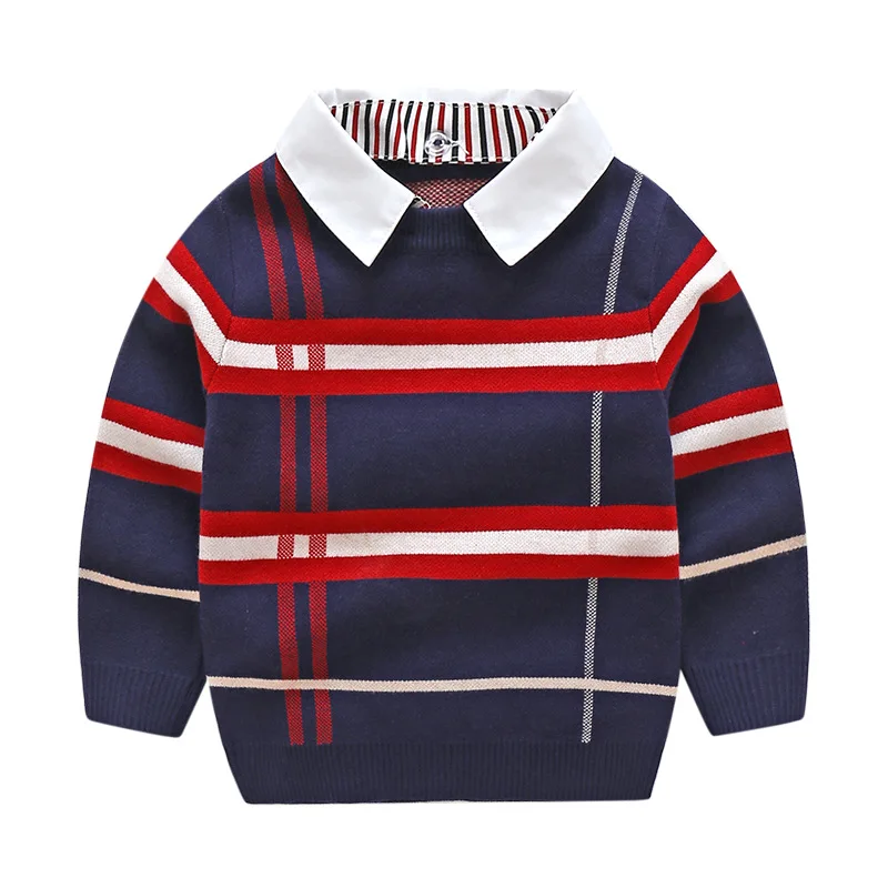 3-7 Years Boys\' Spring Autumn Fashion Detachable Shirt Collar Plaid Jacquard Cardigan Children\'s Fake 2 Piece Knit Sweater