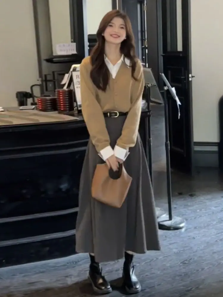 Autumn Faion Loose Women's Open Cardigan Fake Two-Piece Sle Slimming College Sle Top Korean Version Long Sve  Co...