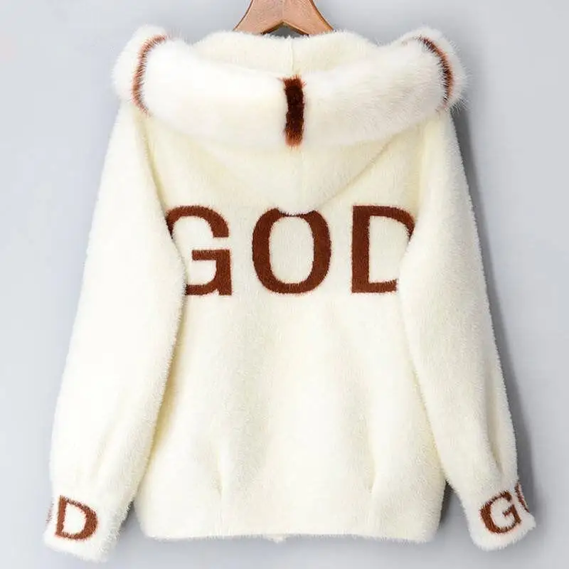 Winter gold letter imitation mink fur sweater cardigan jacket winter clothes women short thick and loose hooded jacket coat