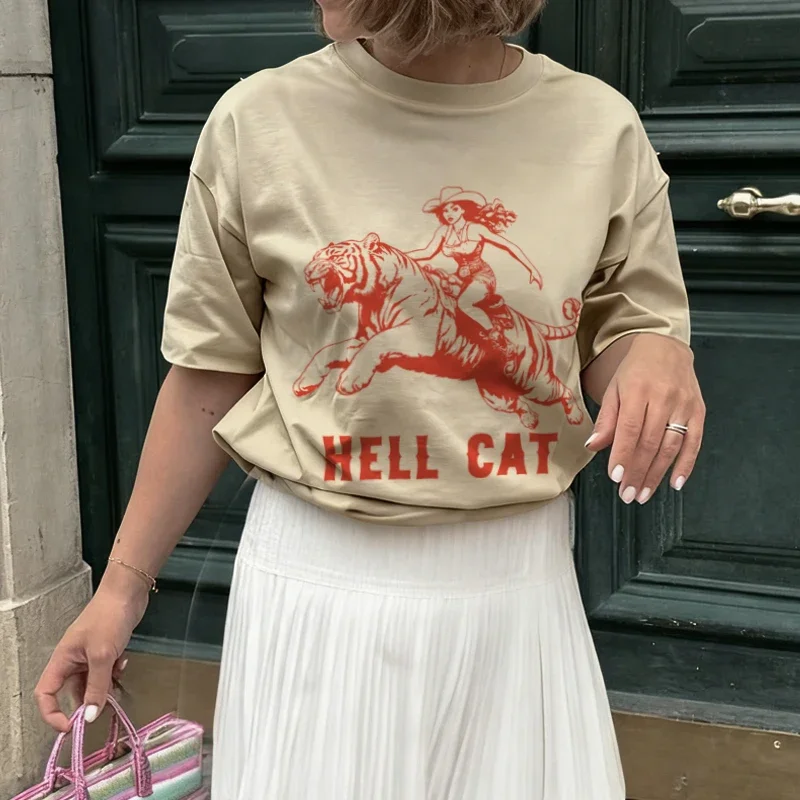 Hell Cat Tiger Print Graphic Tees Women Hippie Funny T Shirt Vintage Western Cowgirl Tshirts Female Aesthetic Retro Boho Tops