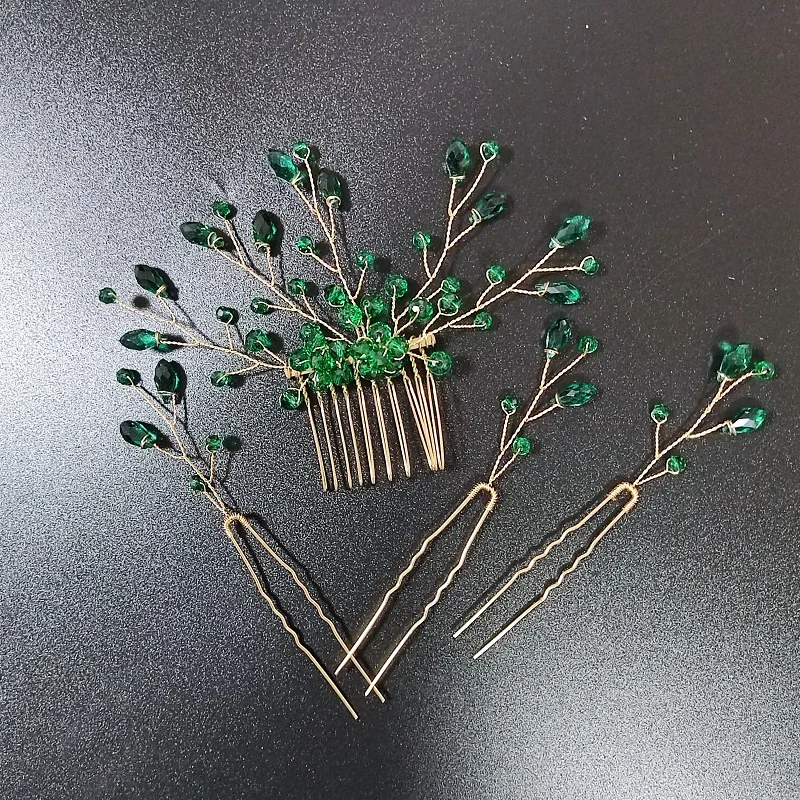 Peinetas para el cabello con diamantes de imitación de Color verde, joyería para el cabello nupcial, horquillas de hojas, horquillas de perlas, tocado de boda para novia, diadema