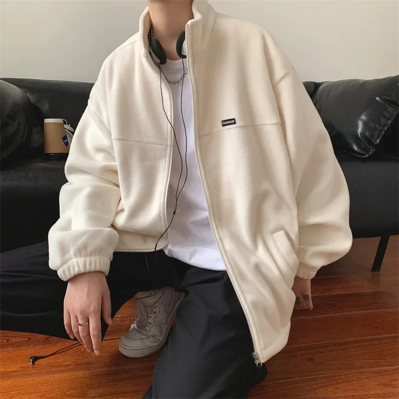 American Vintage Polar Fleece Zipper Jackets Men's Stand-up Collar Appliques Coat Autumn Y2K Streetwear Loose Jacket Man Clothes