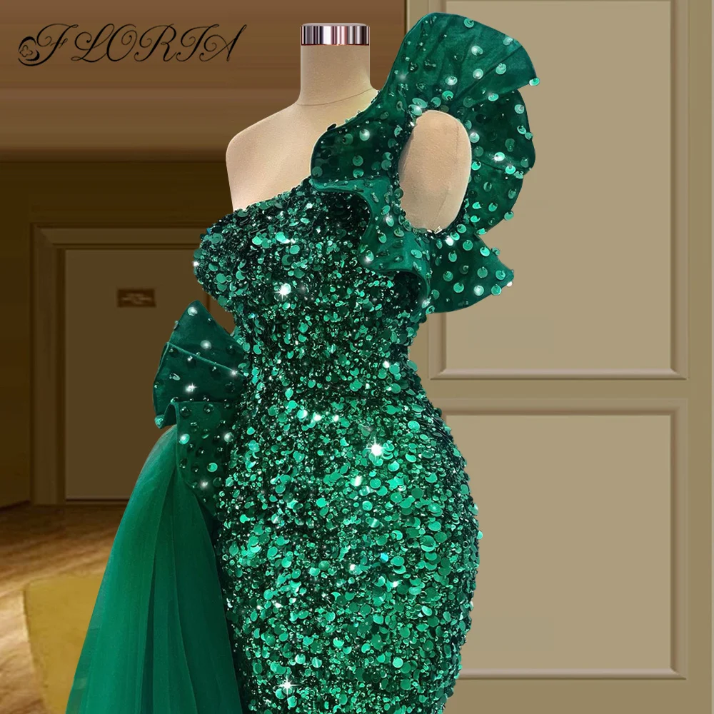 Plus Size Arabian Green Mermaid Prom Dress Sequins Beads Evening Dresses Luxury One Shoulder Formal Occasion Vestidos Glitter