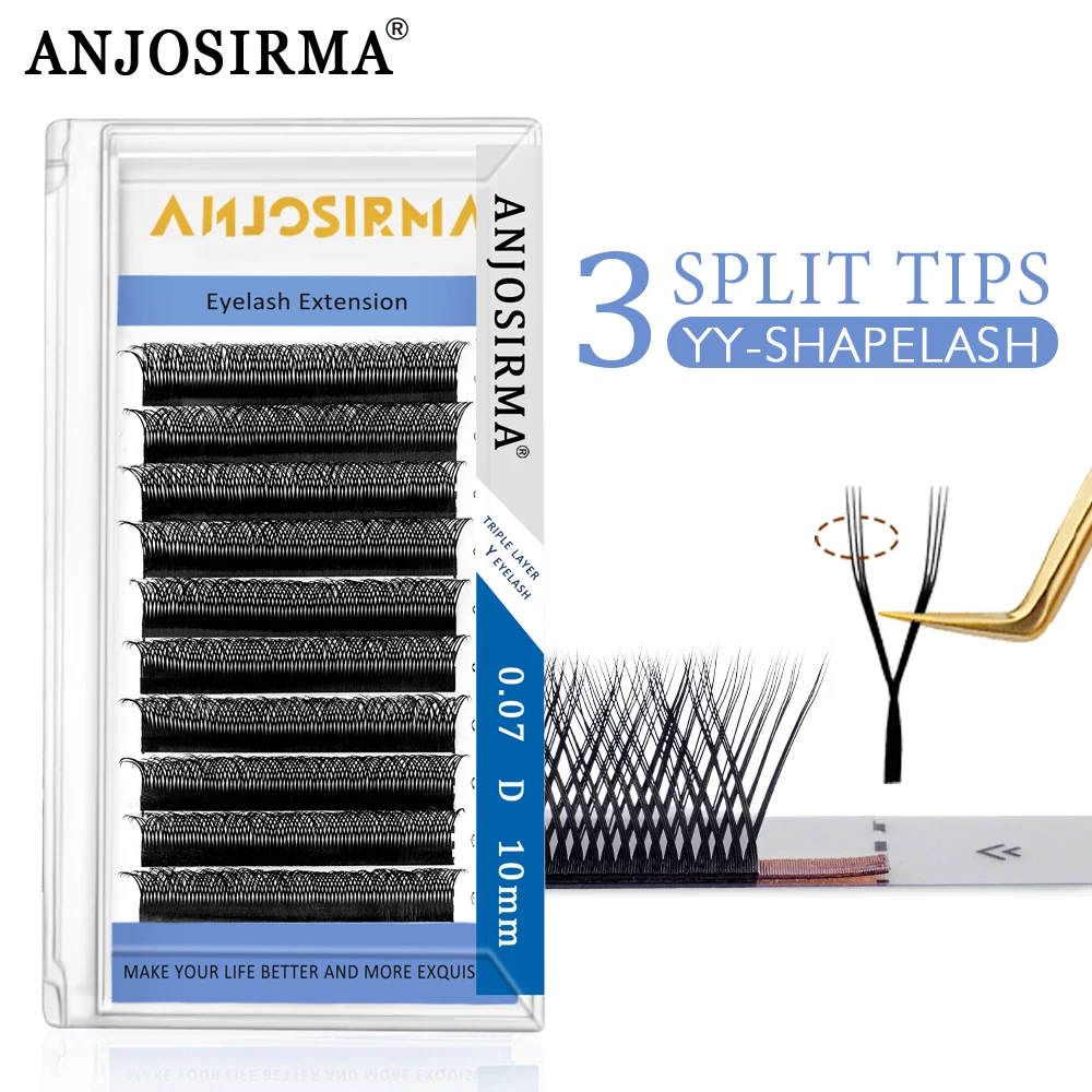 ANJOSIRMA YY Shaped Eyelash Extension, 3 Split Tips, Soft BASF Lash,  Hand Made Curl, High Quality, 3D，0.07 makeup eyelashes