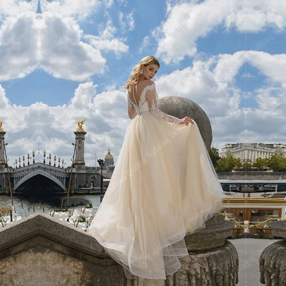 Grace Illusion-Vestidos De novia De corte en A para mujer, Vestidos De novia De manga larga De encaje Lvory, Vestidos De princesa De longitud trapeadora