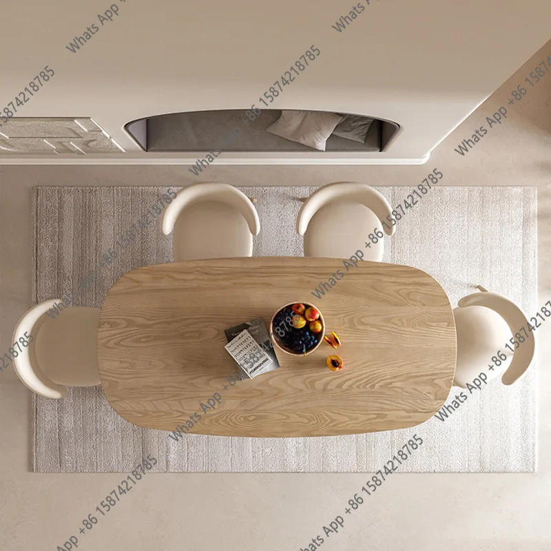 ANordic simple cream style all solid wood dining table and chair combination oval household log long table ash wood