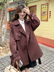 LANMREM Fashion Short Trench Women Lapel Long Sleeves Single Button Solid Color Belt Gathered Waist Coats 2024 Autumn New 2Z2857