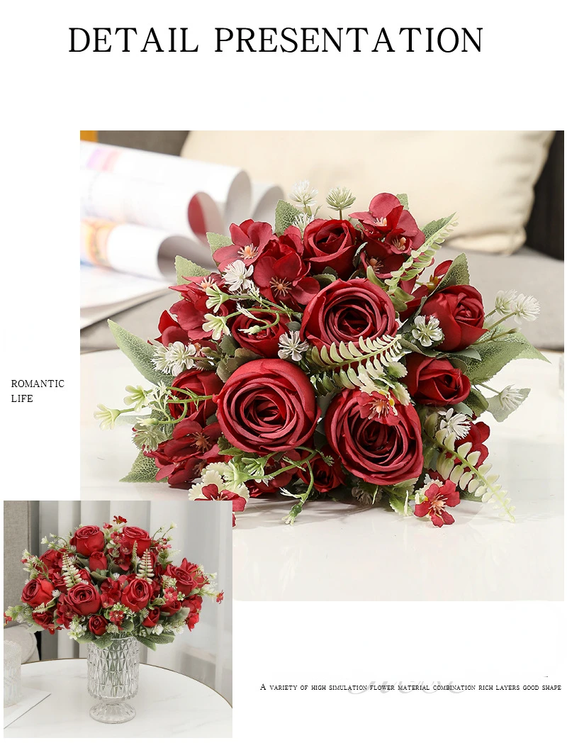 DHWEKU 5 mazzi di rose fintefiore di seta artificiali lunghi steli bouquet fiori finti per decorazioni matrimoni centrotavola festa casa(Rosso
