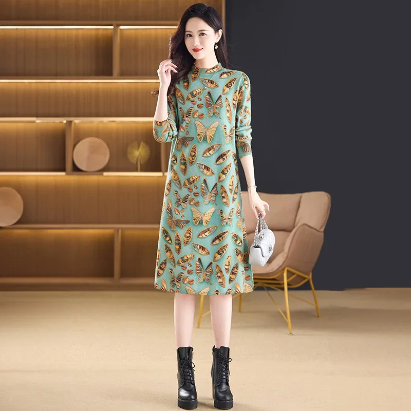 Women Commute Elegant Slim O-neck Dress Autumn Winter Fashionable Butterfly Pattern Comfort Soft Wool Warm Knitted Dress