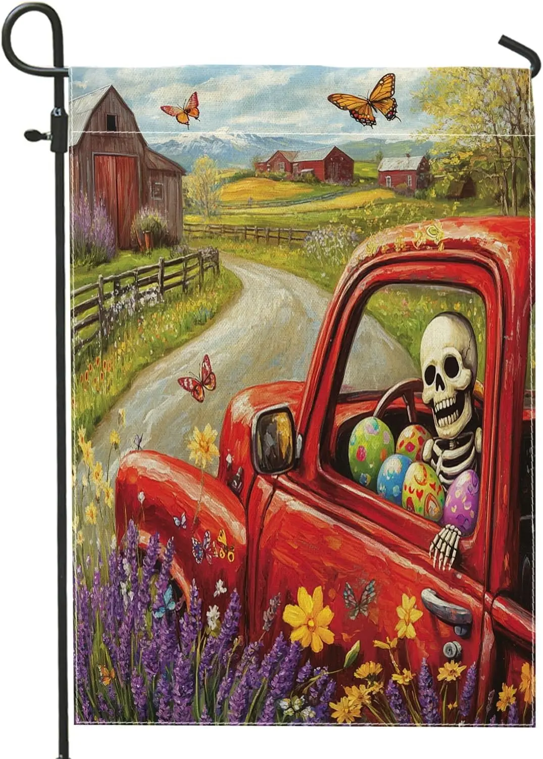 Spring Easter Skeleton Garden Flags 12x18 Inch for Outside, Farmhouse Floral Truck Eggs Pattern Standard Linen House Flags,  ZZM