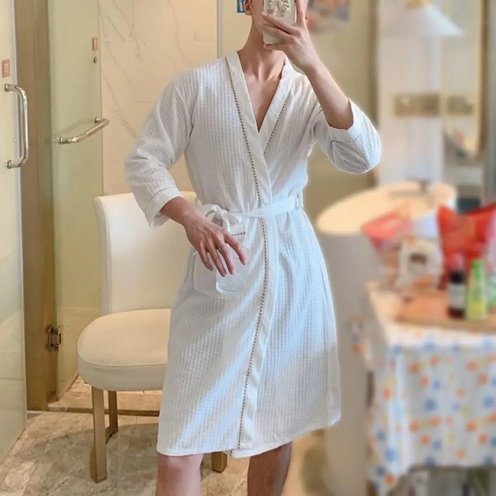 Men Nightgown Solid Color Long Sleeve V Neck Homewear Bathrobe Spring Autumn Pure Color Pockets Robe for Home