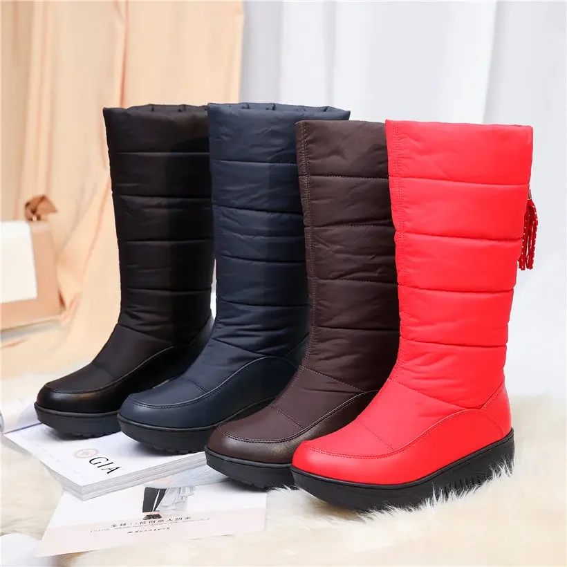 2020 Winter Women Snow Boots Platform Wedge High Heels Round Toe Black Red Down Plush Casual Travel Ladies Fringe Mid-calf Boots