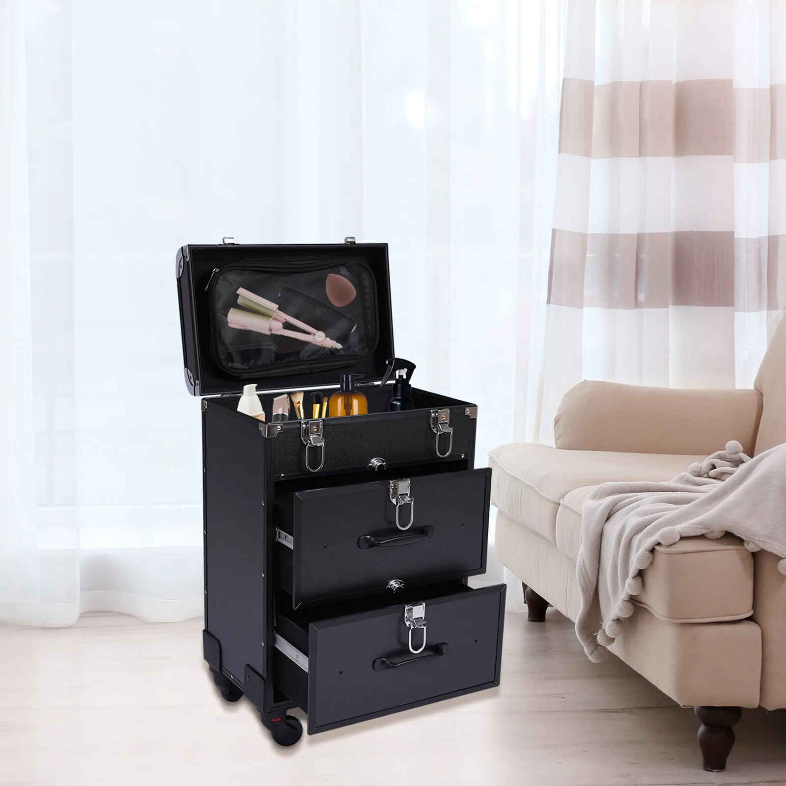 

Professional Rolling Makeup Train Case Cosmetic Trolley Makeup Storage Organizer