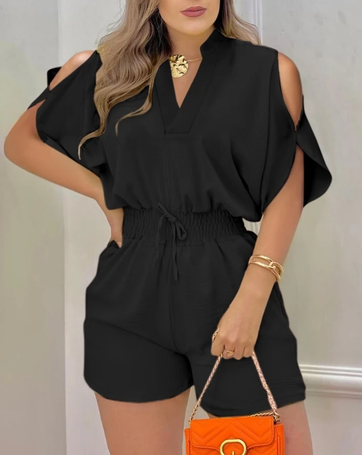 Girls 2024 Summer Fashion Cold Shoulder Drawstring Ragged Edge Casual Short Sleeve Over Knee Jumpsuit Shorts