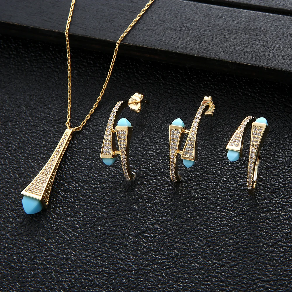 New Romatic Women Fashion 3 Pcs Necklace & Ring & Earrings Set Candy color stone Simple Design Jewelry Set