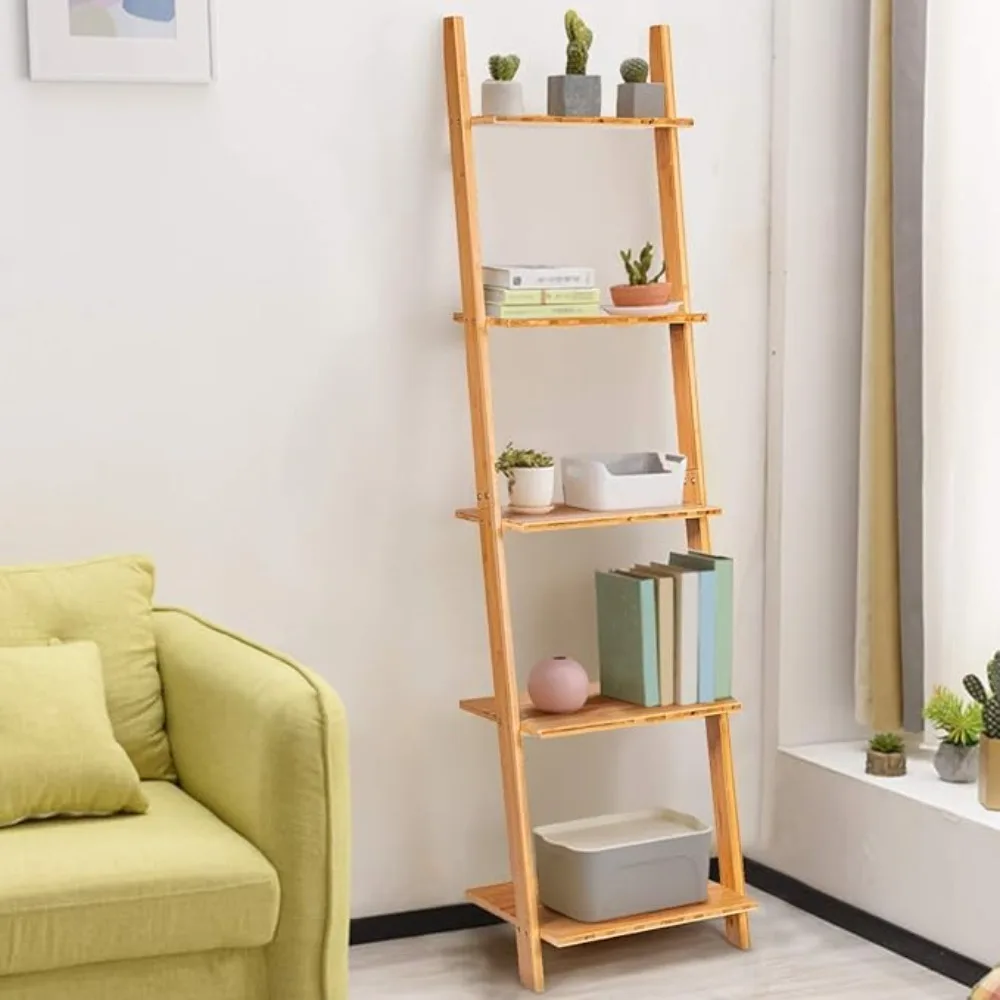

Bamboo 5-Tier Ladder Shel Bookshel, Wall-Leaning Bookshel, Plant lower Stand, Storage Display Shelves or Living Room Bathroom Oi