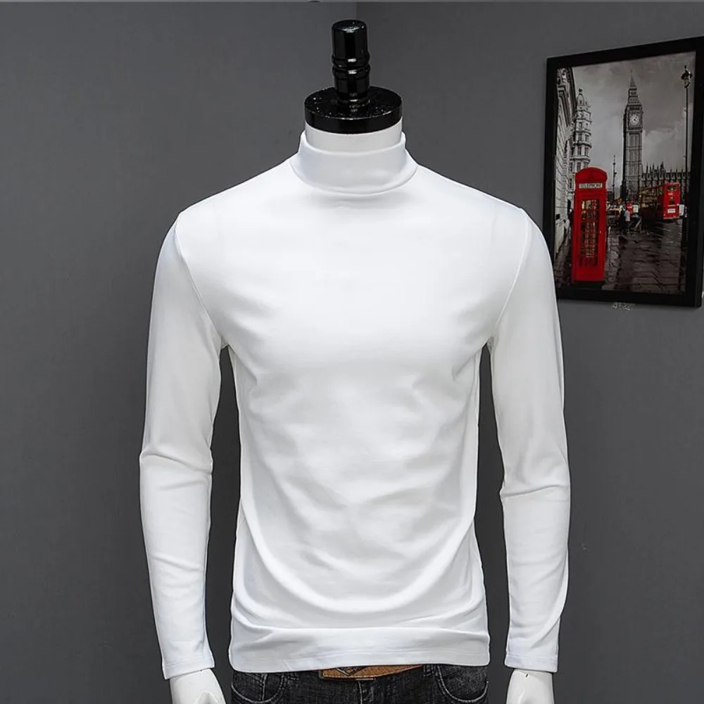 2022 Spring Autumn Luxury Solid Men\'s Turtleneck Long Sleeve High Collar Modal Slim Tops Oversized Men\'s Clothing Soft T-shirt