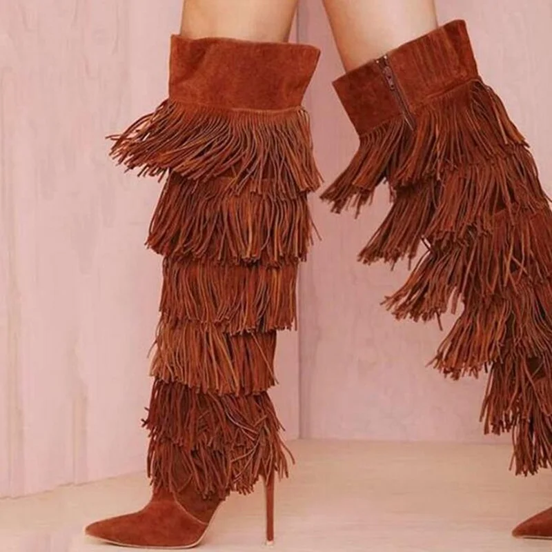 Fashion Multi-layered Fringe Over The Knee Boots Brown Suede Stretch Fabric Pointed Toe Zipper Winter Tall Boots Size 42