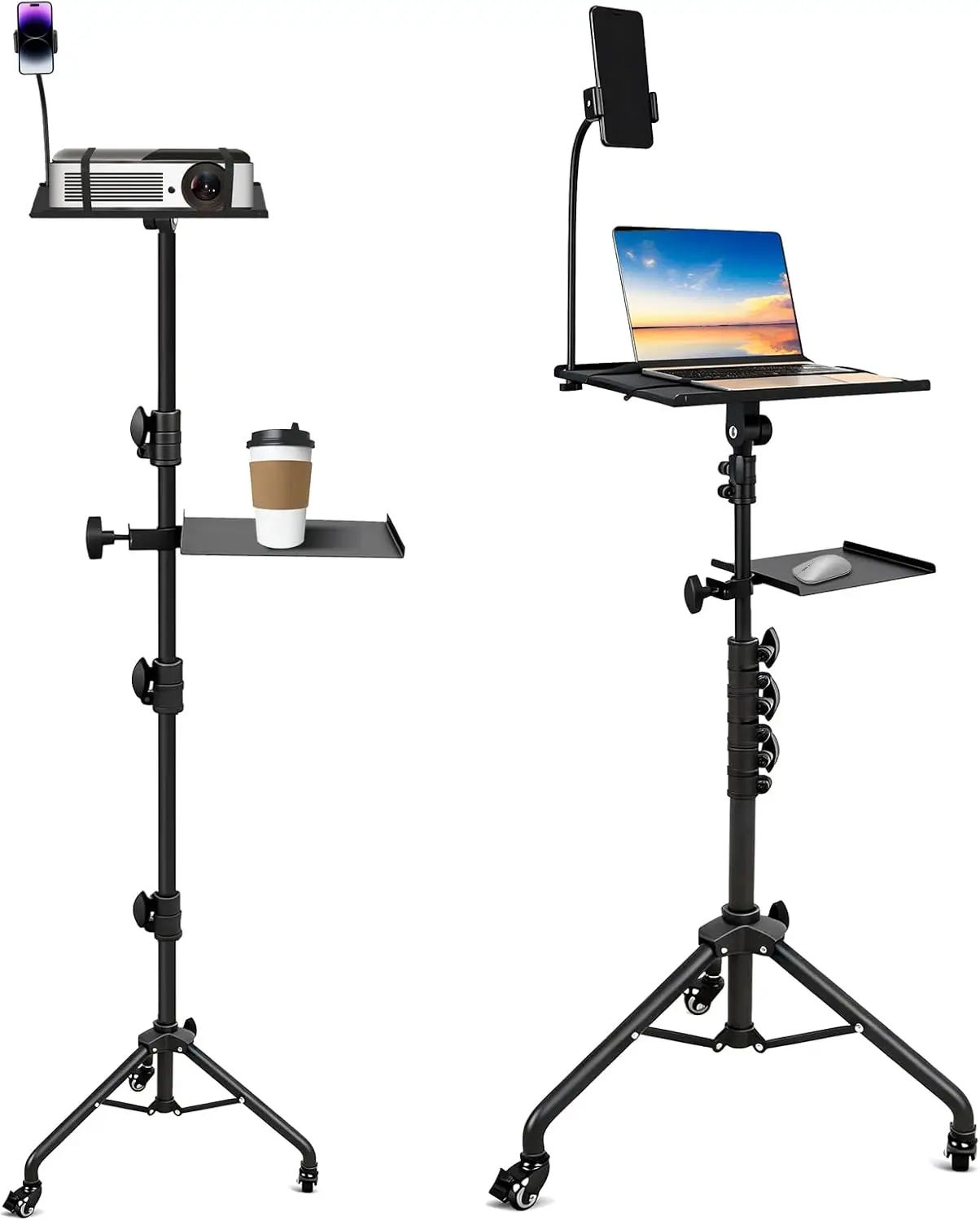 

Регулируемая по высоте подставка для проектора с 2 полками, колесиками, держателем для телефона и подставкой для мыши для офиса, дома, диджеев