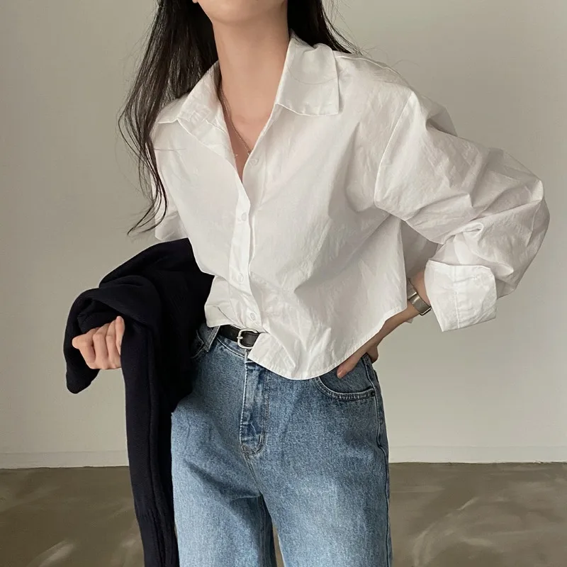 Women Fashion White Blouse Summer Harajuku Cropped Shirts Chic Elegant Long Sleeve Tops Korean Casual Loose Office Clothes 블라우스