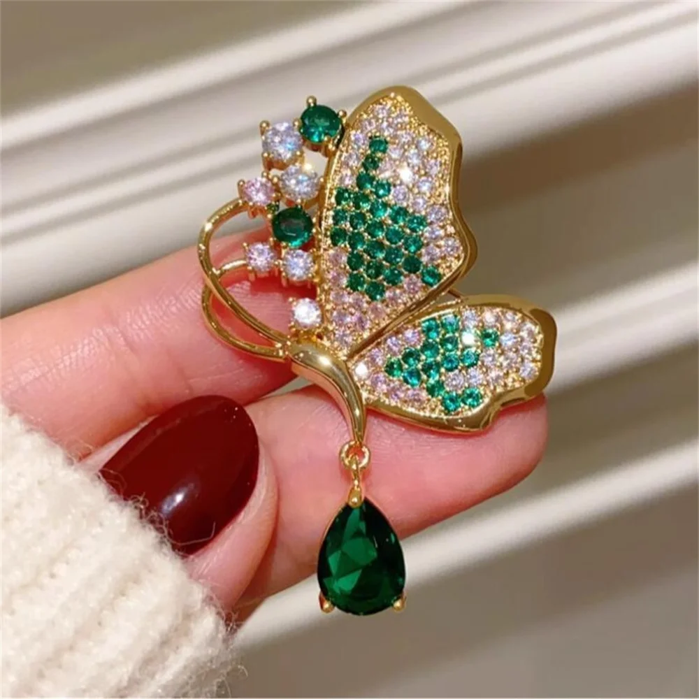 Luxury Green Pink Zircon Butterfly Brooch Pin for Women Insect Rhinestone Pin Clothing Accessories Jewelry Lady Gifts