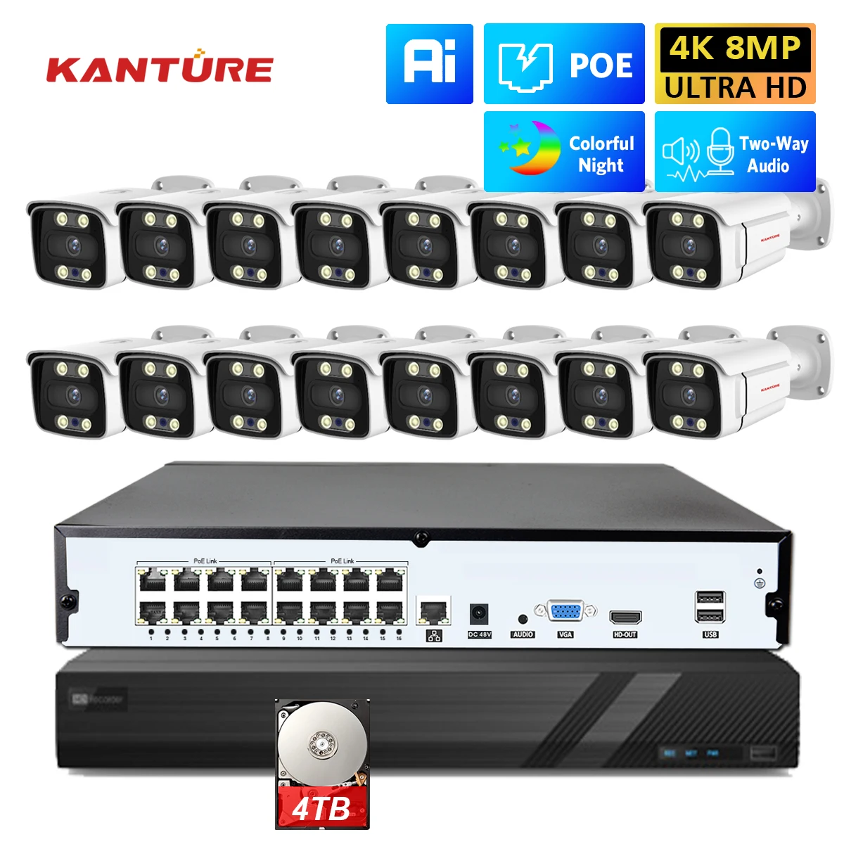 

KANTURE 16CH 4K POE NVR Video Surveillance System 8MP Two Way Audio Indoor Oudoor Security IP Camera Kit Colorful Night Vision