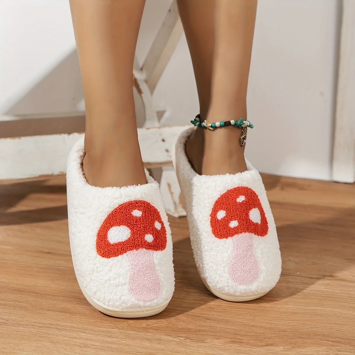 Women's Cute Mushroom Pattern House Slippers Warm Plush Closed Toe Round Toe Fuzzy Home Slides