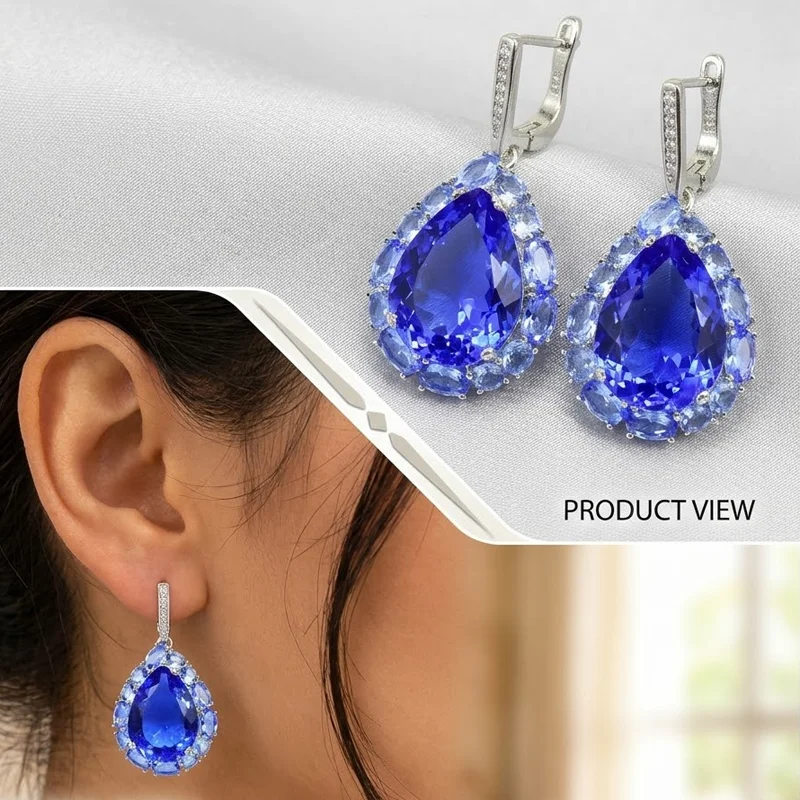 44x22mm Pretty 12.4g Peridot Green Tsavorite Garnet London Blue Topaz Violet Tanzanite Smoky Topaz Cz Women Silver Earrings