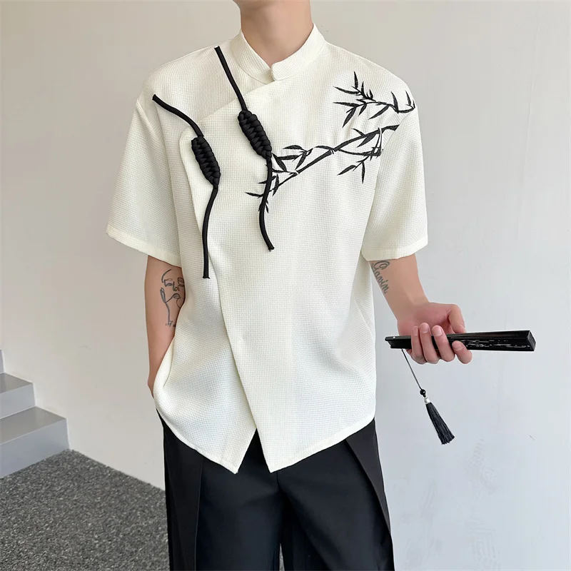 

SYUHGFA New Chinese Style Male Bamboo Embroidery Short Sleeeve Shirt 2024 Summer Fashion Men's Wear Casual Stand Collar Shirts