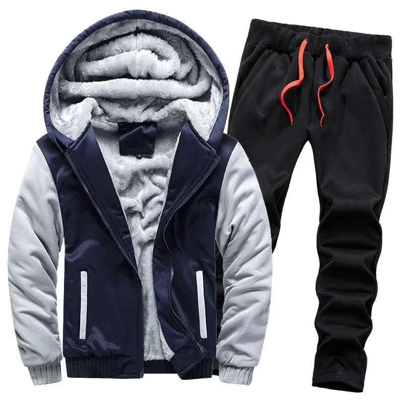 Autumn and Winter Men's Zipper Hooded Cardigan Pockets Contrasting Color Loose Top Elastic High Waist Trousers Casual Suit