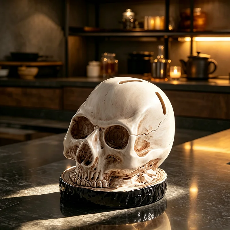 New Weathered Bone Textured Durable Resin Halloween Skull Knife Stand Spooky Home Indoor Kitchen Countertop Decor Figurine