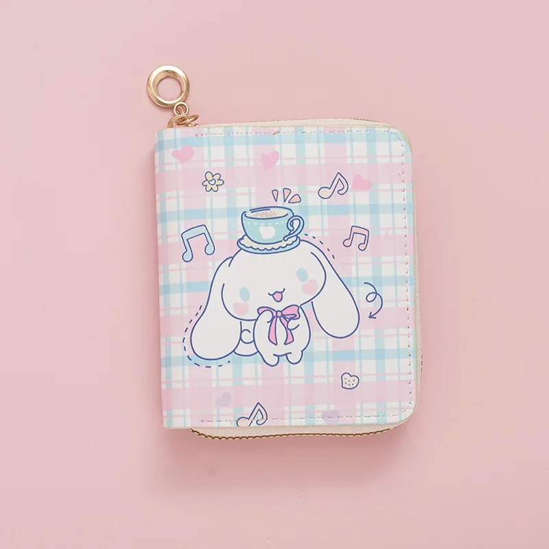 Sanrio-cartera con estampado de dibujos animados para chica, cartera pequeña con cremallera corta, regalo de cumpleaños, Cinnamoroll