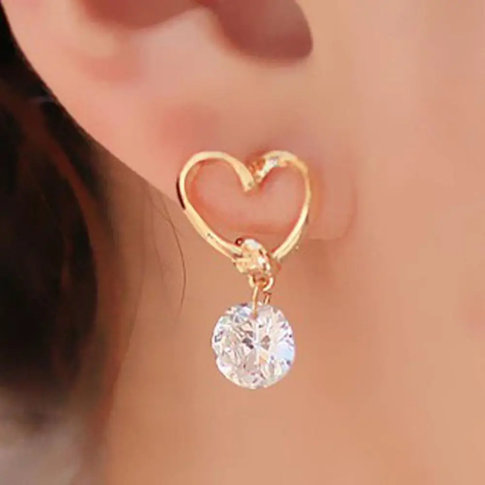 New Fashion Golden Love Heart Cutout Cute Pendant Zircon Earrings For Women Girl Accessories Jewelry Wholesale Small Gifts