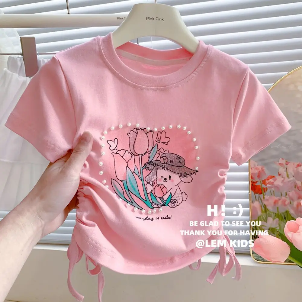 T Shirt for Girls Baby Girl Drawstring Half-sleeved Ice Silk Top Summer Pearl Love Sweet Cartoon Short-sleeved T-shirt