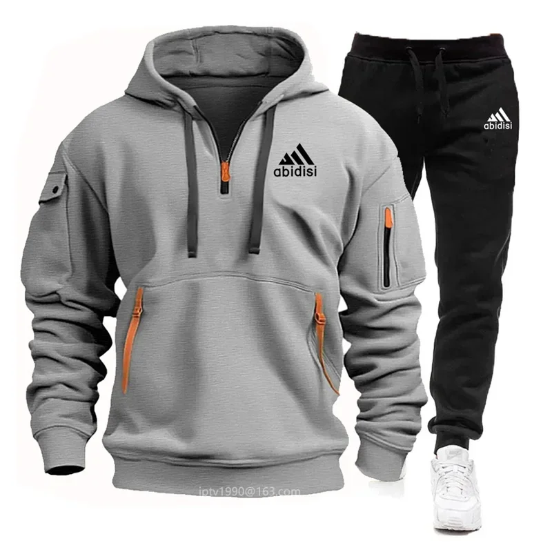 2024 men\'s new autumn and winter casual jogging sportswear set multi-pocket zipper hoodie + sweatpants two-piece set