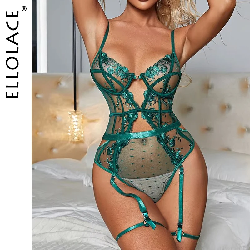 Ellolace Body Femmes Sexy Costumes Exotiques Dentelle Transparente Chaud Intime Corps Voir À Travers Le Porno Sissy Coupe Haute Noir Teddy