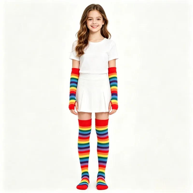 

Women's Rainbow Striped Thigh-High Socks & Arm Warmers Set,Colorful Knitted Long Socks and Sleeves for Party & Stage Performance
