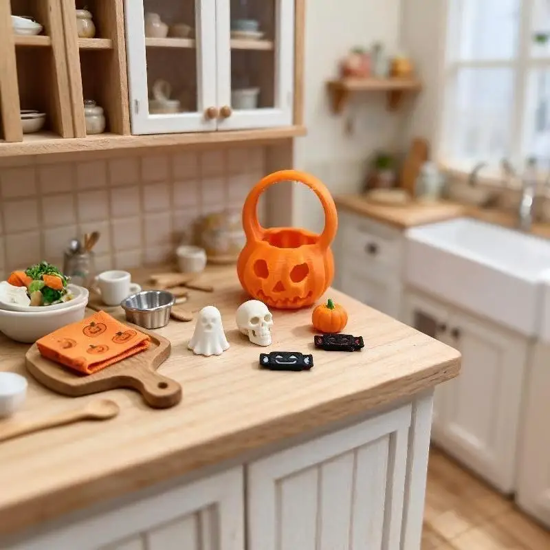 Halloween Mini Dollhouse Decor Set Realistic Pumpkin Basket Ghost Skull Figurines For DIY Tabletop Display