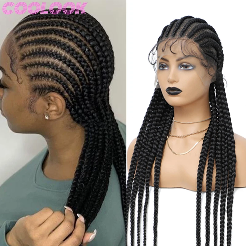 

Black Full Lace Front Braided Wig Knotless Natural Box Braiding Frontal Wig with Baby Hair 36 Inch Synthetic Cornrow Braids Wig