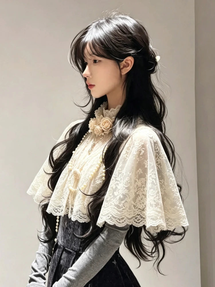 Sweet Lolita Lace Shawl Womens Drawstring Doll Collar Blouse Japanese Retro Embroidery Shirts Versatile Kawaii Casual Cardigan